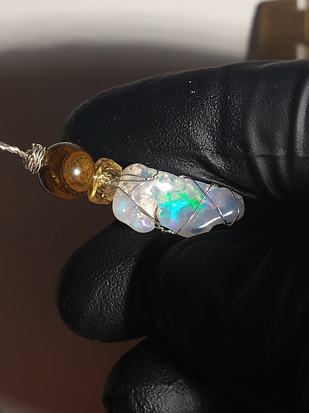Opal Tiger Eye Citrine Sterling Silver Wire Wrap Pendant